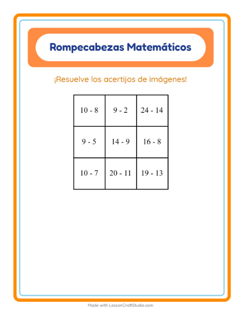 Vista previa de la hoja de Rompecabezas Matemático con Animales del zoológico para grado 1