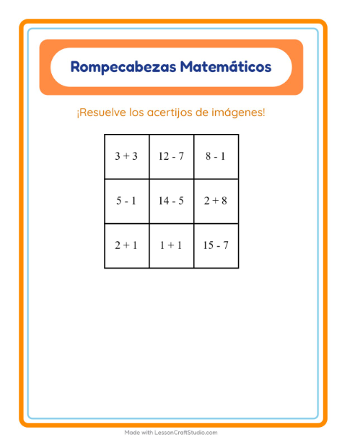 Vista previa de la hoja de Rompecabezas Matemático con Animales del zoológico para grado 1