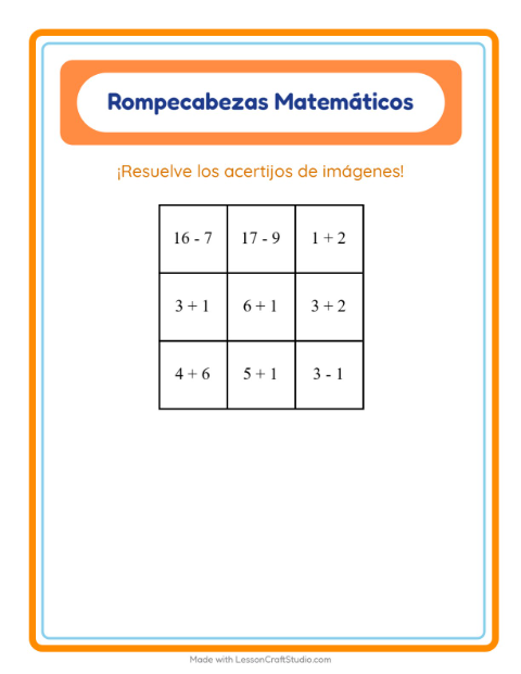 Vista previa de la hoja de Rompecabezas Matemático con Desayuno para grado 1