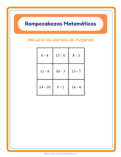 Vista previa de la hoja de Rompecabezas Matemático con Dinosaurios para grado 1