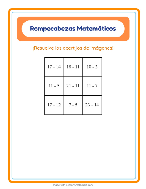 Vista previa de la hoja de Rompecabezas Matemático con Emociones para grado 1