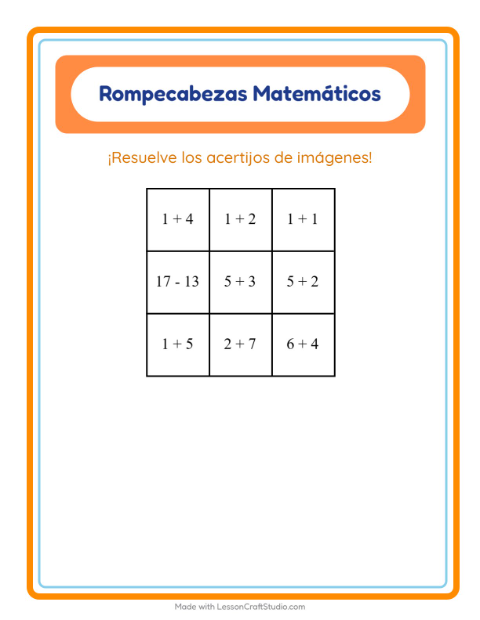 Vista previa de la hoja de Rompecabezas Matemático con Espacio para grado 1