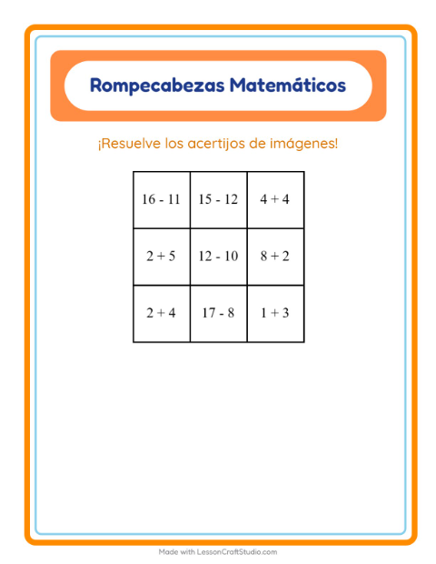 Vista previa de la hoja de Rompecabezas Matemático con Flores para grado 1