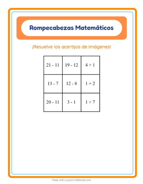 Vista previa de la hoja de Rompecabezas Matemático con Formas para grado 1