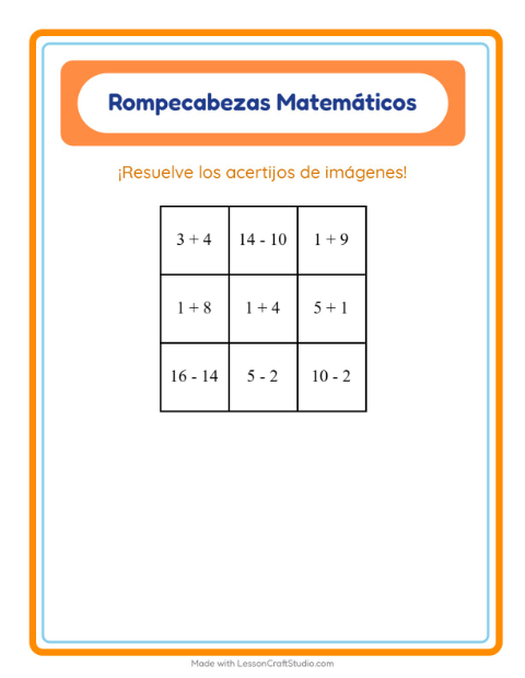Vista previa de la hoja de Rompecabezas Matemático con Frutas para grado 1
