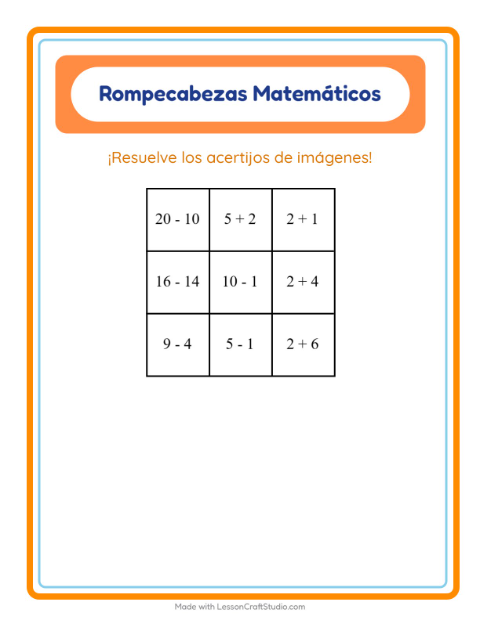 Vista previa de la hoja de Rompecabezas Matemático con Misceláneo para grado 1