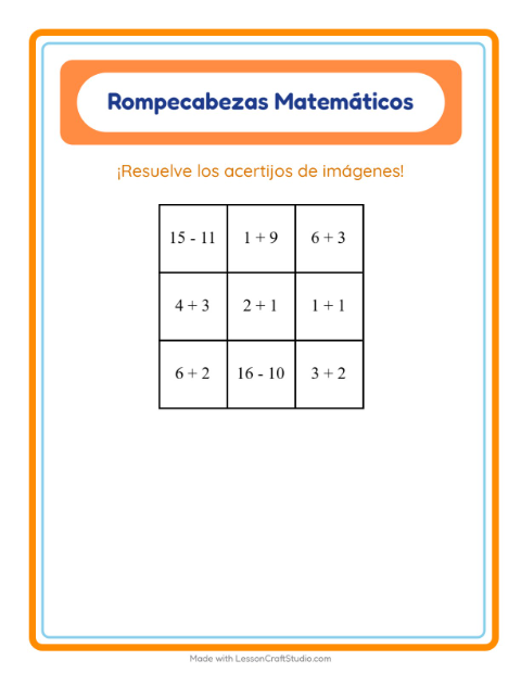 Vista previa de la hoja de Rompecabezas Matemático con Ocupaciones para grado 1