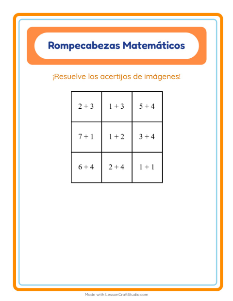 Vista previa de la hoja de Rompecabezas Matemático con Vehículos para grado 1