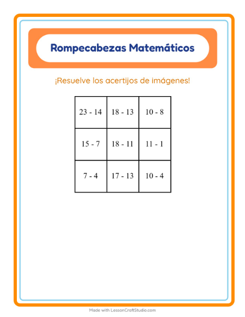 Vista previa de la hoja de Rompecabezas Matemático con Vehículos para grado 1