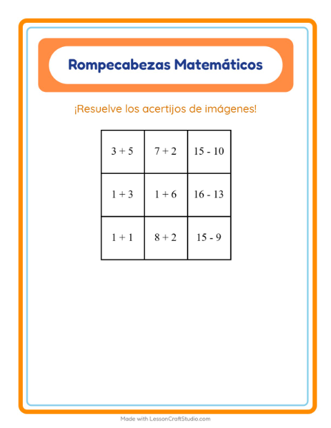 Vista previa de la hoja de Rompecabezas Matemático con Vehículos para grado 1