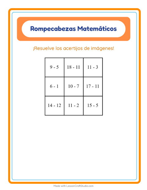 Vista previa de la hoja de Rompecabezas Matemático con Verano para grado 1