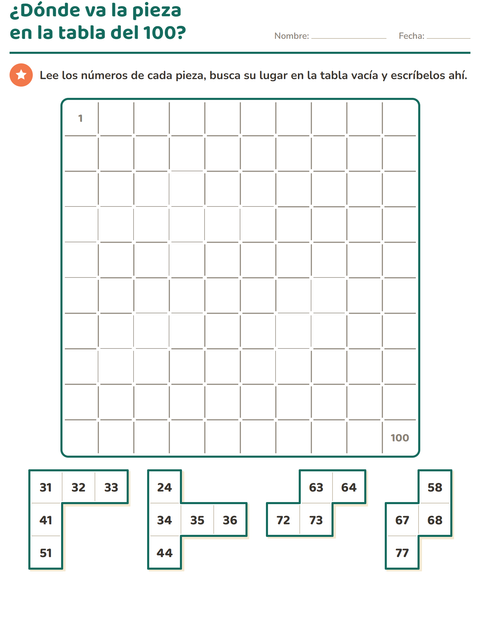 Vista previa de la hoja de Rompecabezas de la tabla del 100 para grado 1