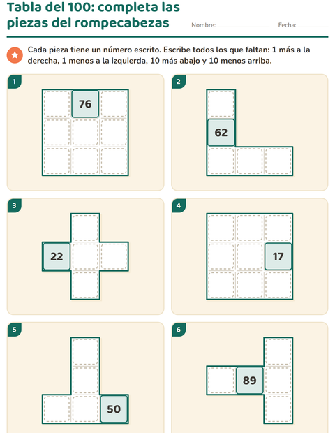 Tabla del 100: completa las piezas del rompecabezas — primer grado