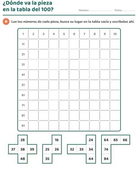 ¿Dónde va la pieza en la tabla del 100? — primer grado