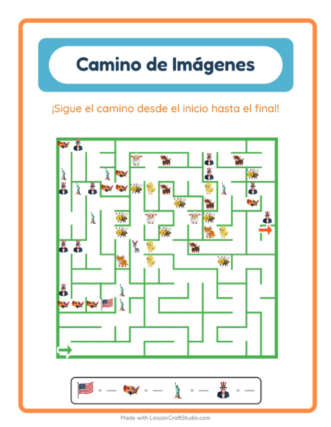 Vista previa de la hoja de Sendero De Imágenes con 4 de Julio para jardín infantil