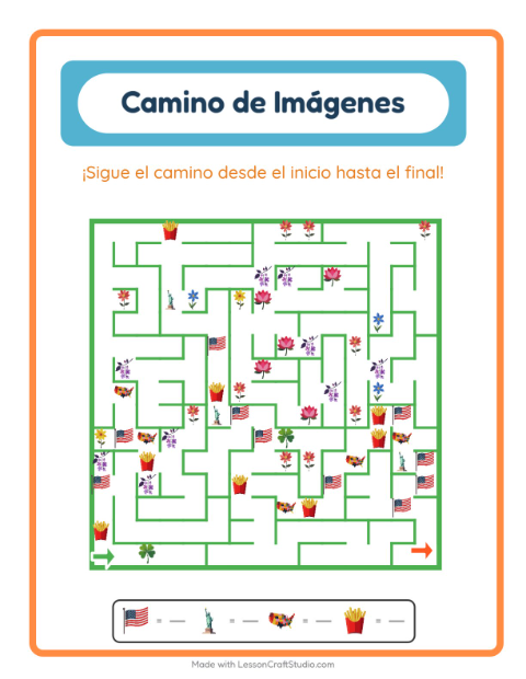 Vista previa de la hoja de Sendero De Imágenes con 4 de Julio para jardín infantil