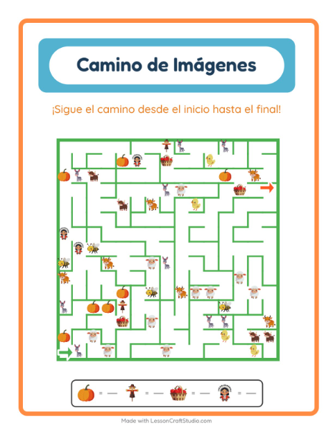 Vista previa de la hoja de Sendero De Imágenes con Día de Acción de Gracias para jardín infantil
