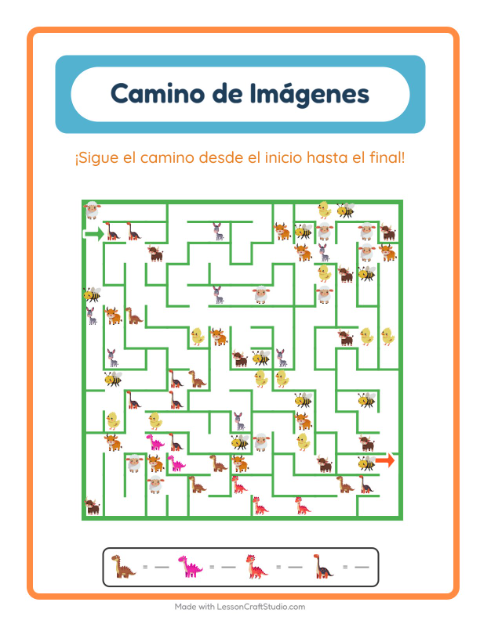 Vista previa de la hoja de Sendero De Imágenes con Dinosaurios para jardín infantil