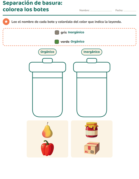 Separación de basura: colorea los botes con sus colores — preescolar