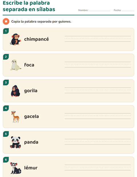 Escribe la palabra separada en sílabas: copia con guiones — primer grado