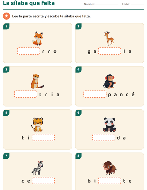 Vista previa de la hoja de Separar en sílabas con Animales del zoológico para grado 1