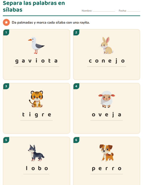 Separar en sílabas con animales: palmadas y una rayita por sílaba — primer grado