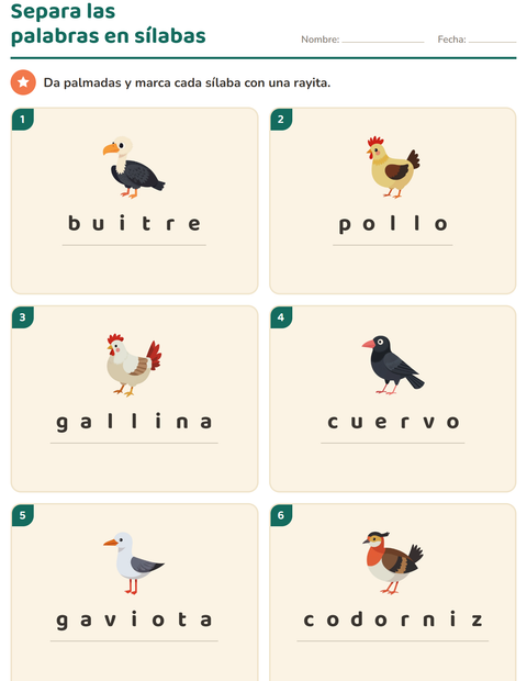 Vista previa de la hoja de Separar en sílabas con Aves 2 para grado 1