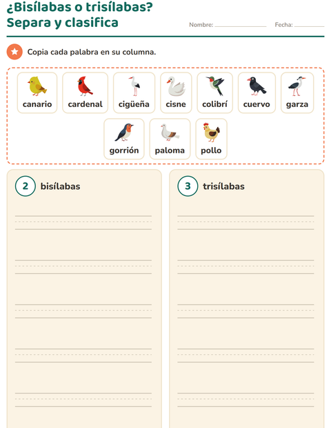 Vista previa de la hoja de Separar en sílabas con Aves 2 para grado 1