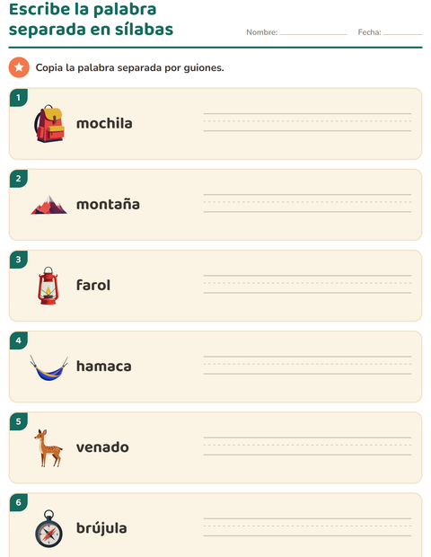 Vista previa de la hoja de Separar en sílabas con Campamento para grado 1