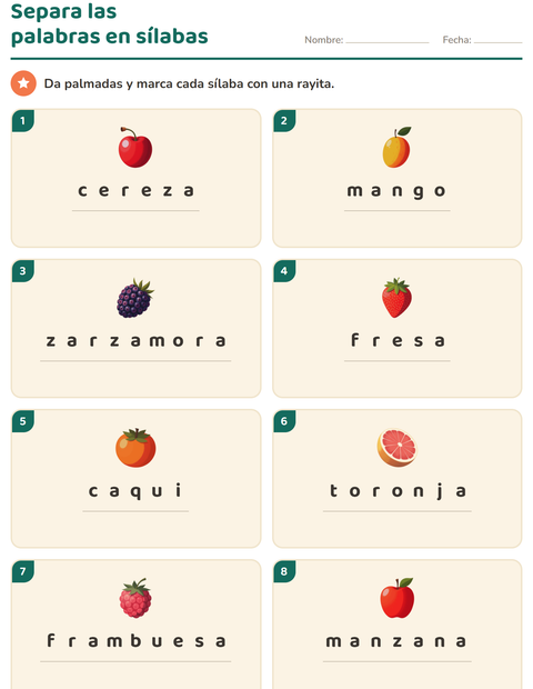 Vista previa de la hoja de Separar en sílabas con Frutas para grado 1