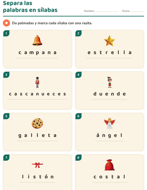 Vista previa de la hoja de Separar en sílabas con Navidad para grado 1