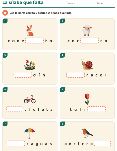 Vista previa de la hoja de Separar en sílabas con Primavera para grado 1