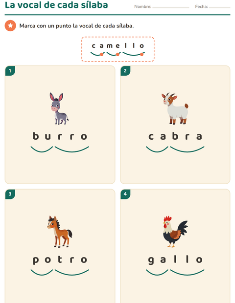Vista previa de la hoja de Separar en sílabas con Animales de granja para grado 1