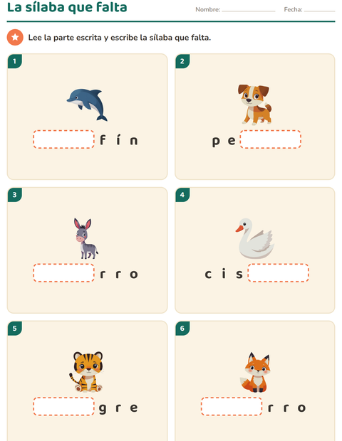 Vista previa de la hoja de Separar en sílabas con Animales para grado 1