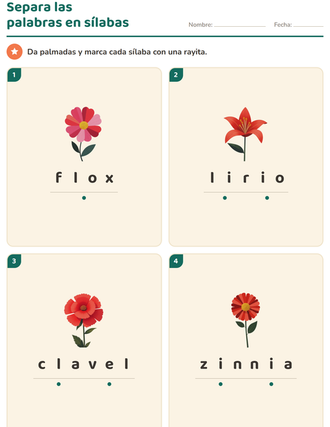 Vista previa de la hoja de Separar en sílabas con Flores para grado 1