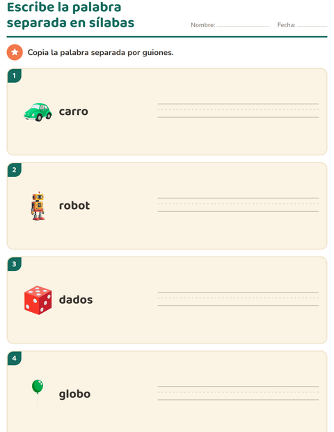 Vista previa de la hoja de Separar en sílabas con Juguetes para grado 1