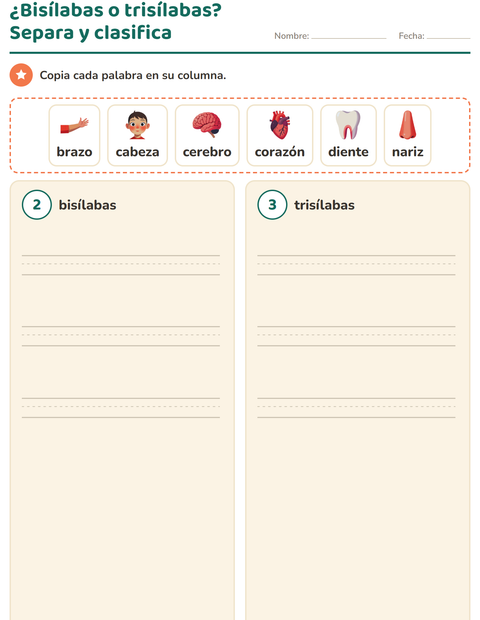 Vista previa de la hoja de Separar en sílabas con Partes del cuerpo para grado 1