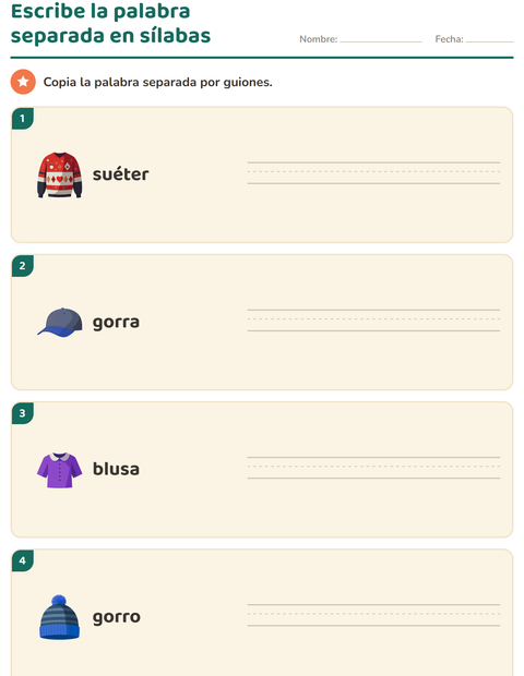 Vista previa de la hoja de Separar en sílabas con Ropa para grado 1