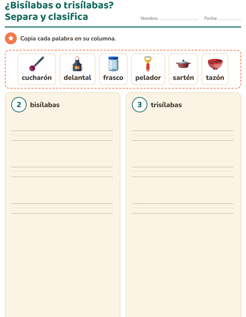 Vista previa de la hoja de Separar en sílabas con Utensilios de cocina para grado 1