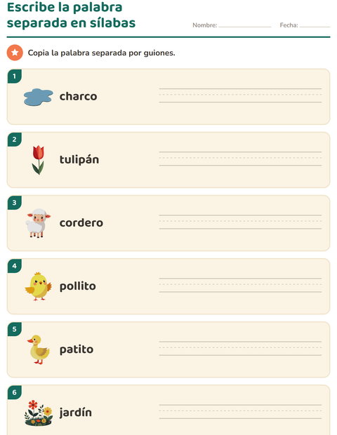 Vista previa de la hoja de Separar en sílabas con Primavera para grado 1