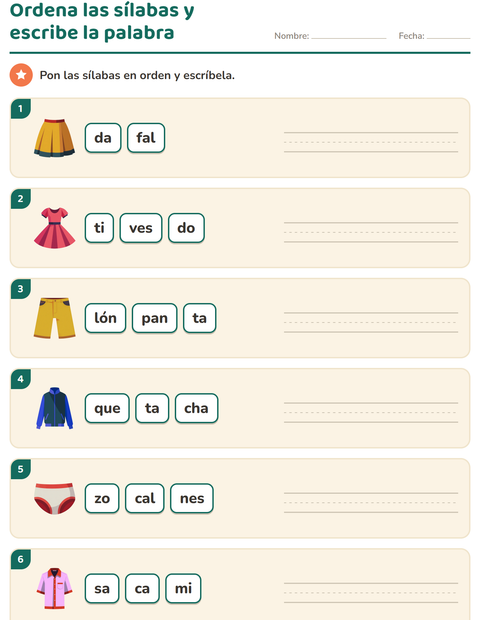 Ordena las sílabas y escribe la palabra: fichas revueltas de ropa — primer grado