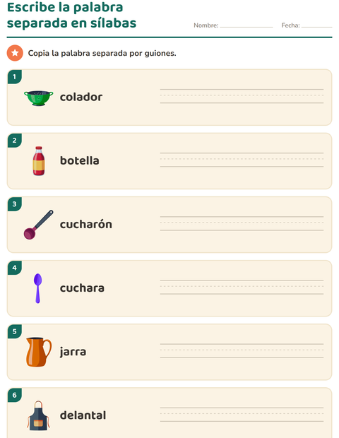 Vista previa de la hoja de Separar en sílabas con Utensilios de cocina para grado 1