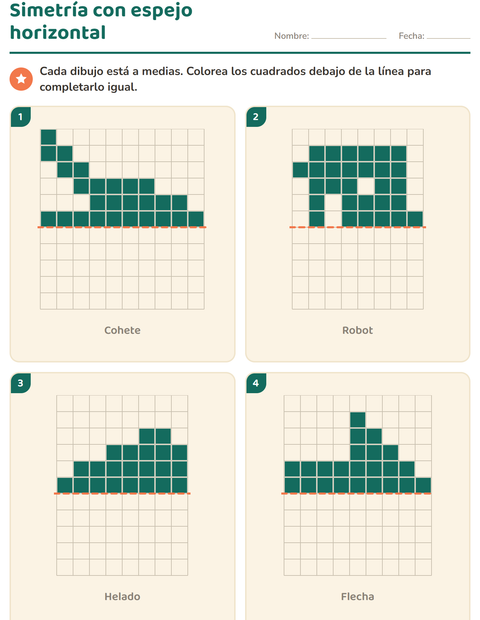 Simetría con eje horizontal: colorea debajo de la línea
