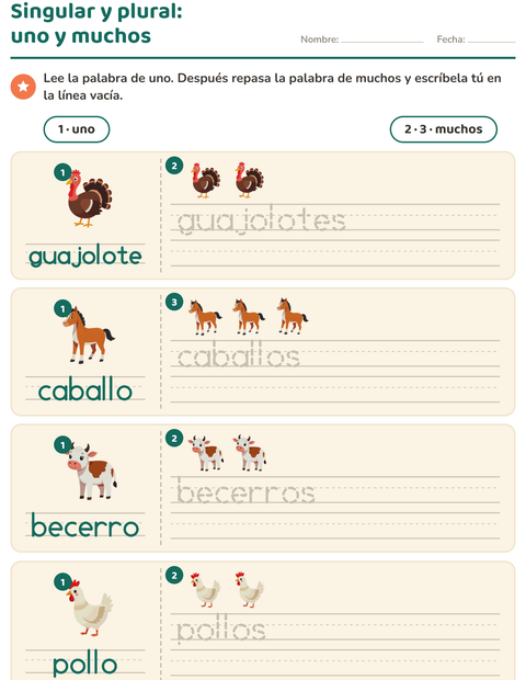 Vista previa de la hoja de Singular y plural con Animales de granja para jardín infantil