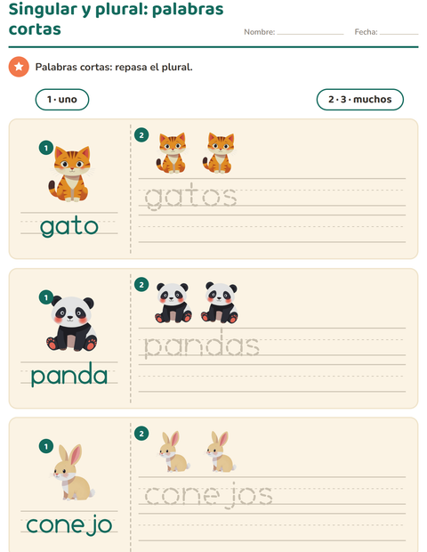 Singular y plural con palabras cortas: nombres de animales — preescolar
