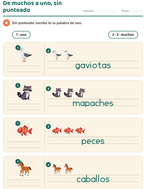 Escribe tú la palabra de uno: el plural impreso y la línea de uno vacía — preescolar