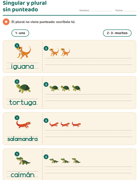 Vista previa de la hoja de Singular y plural con Reptiles y anfibios para jardín infantil