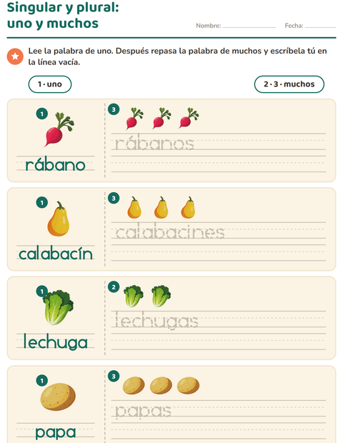 Vista previa de la hoja de Singular y plural con Verduras para jardín infantil
