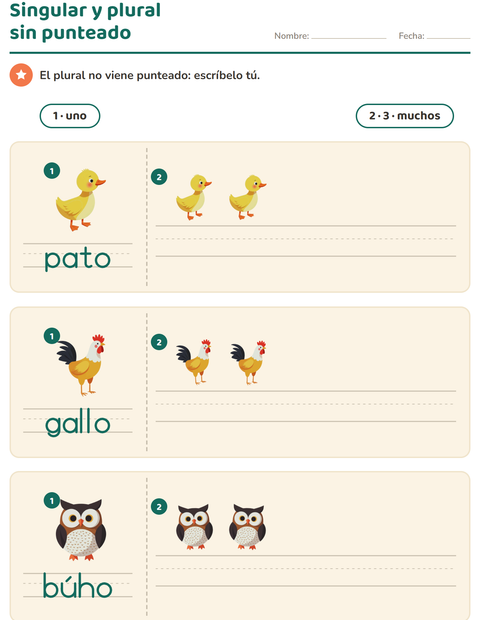 Vista previa de la hoja de Singular y plural con Aves 2 para kínder