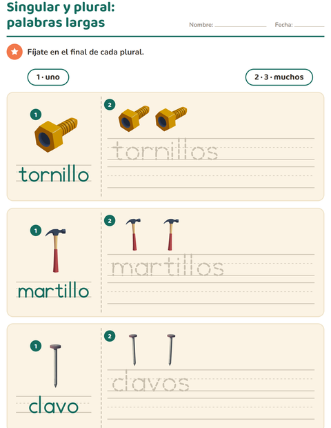 Vista previa de la hoja de Singular y plural con Herramientas para jardín infantil